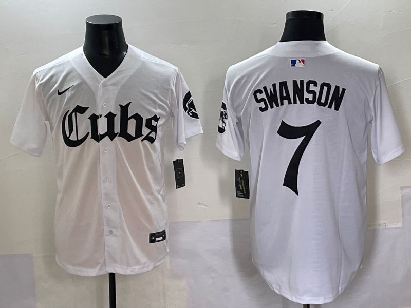 Men 2025 Chicago Cubs #7 Swanson White Five generations Joint Name Nike MLB Jersey style 1